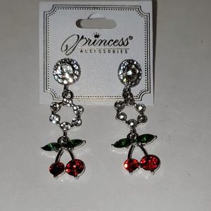 Princess Accessories Dangle Pierced Earrings Rhinestones Cherries Silver Tone